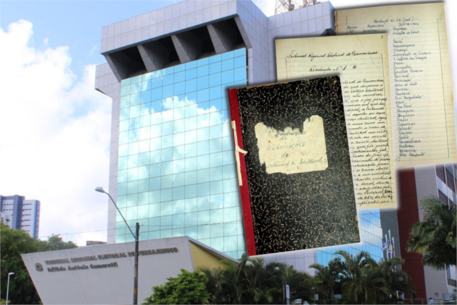 Foto da fachada da sede do Tribunal Regional Eleitoral de Pernambuco, em Recife (PE), com sobreposição de imagens de documentos históricos digitalizados.