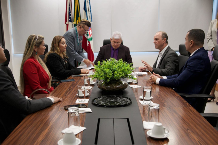 Foto mostra participantes da assinatura sentados em volta de uma mesa em uma sala do TRE-AM.
