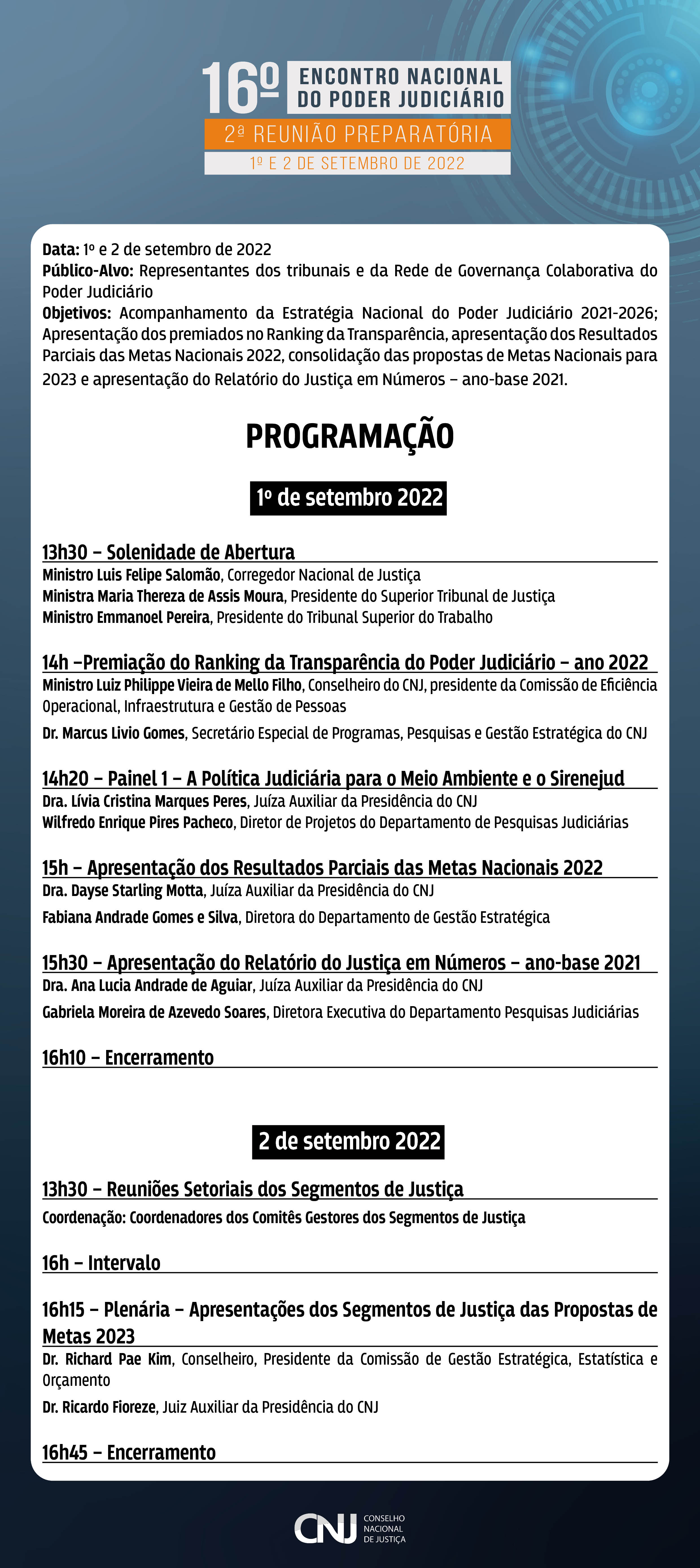 programação da 2ª Reunião Preparatória para o 16º Encontro Nacional do Poder Judiciário em formato jpeg