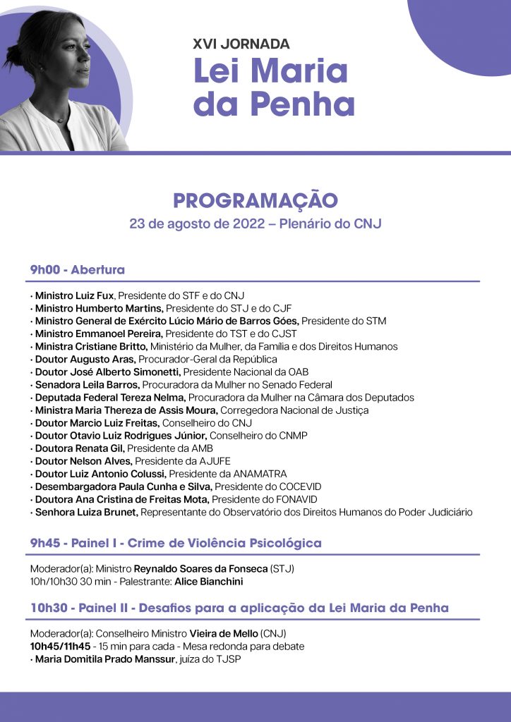 programação da XVI Jornada Lei Maria da Penha em formato jpeg. Fundo branco com textos e formas geométricas roxos e foto de uma mulher