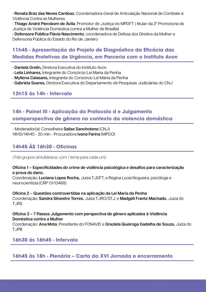 programação da XVI Jornada Lei Maria da Penha em formato jpeg. Fundo branco com textos e formas geométricas roxos e foto de uma mulher