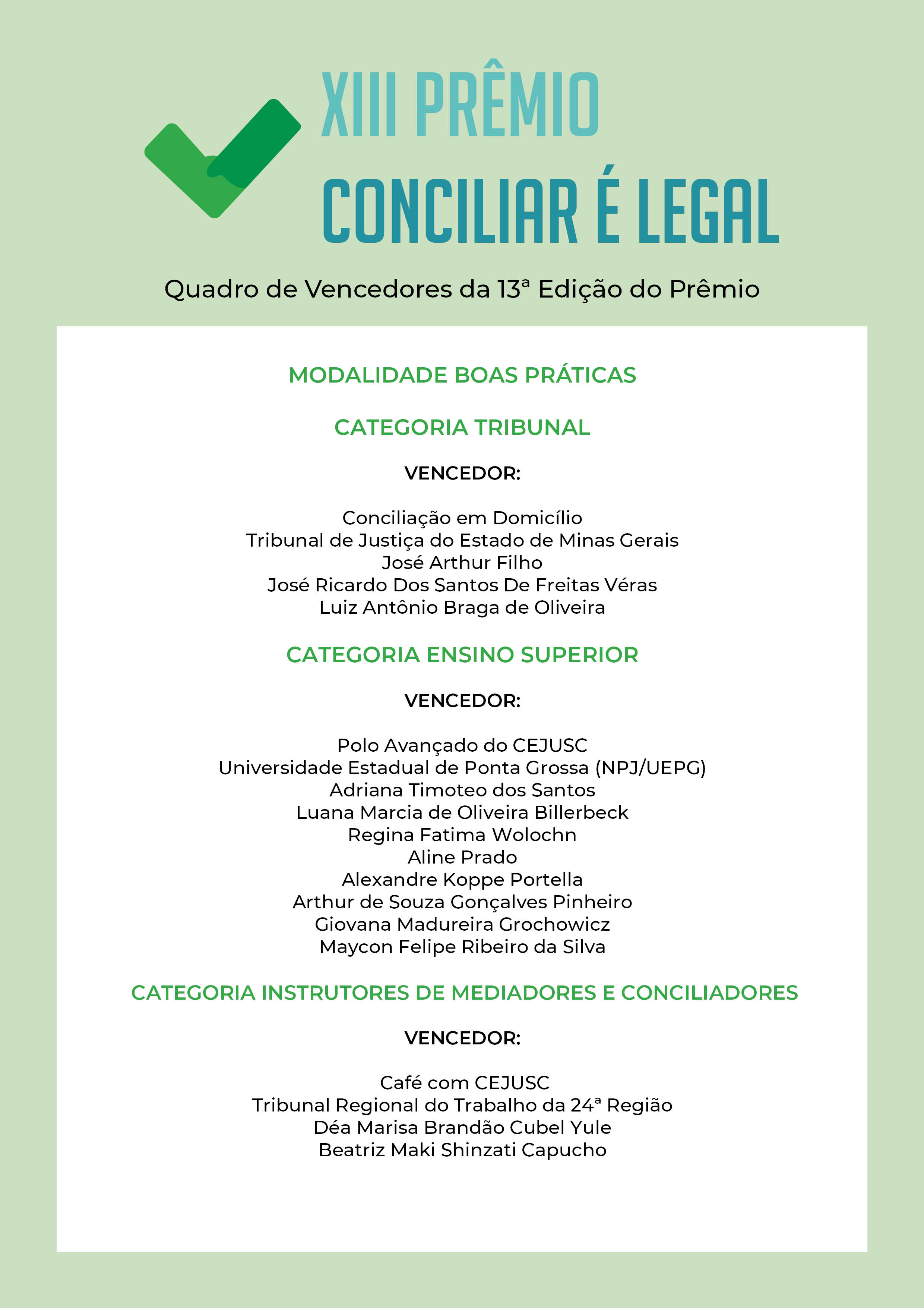 Quadro de Vencedores XIII premio conciliar é legal em formato jpeg. Fundo verde com logo do XIII premio conciliar é legal em verde. Retângulo branco com textos em preto com os nomes dos vencedores.