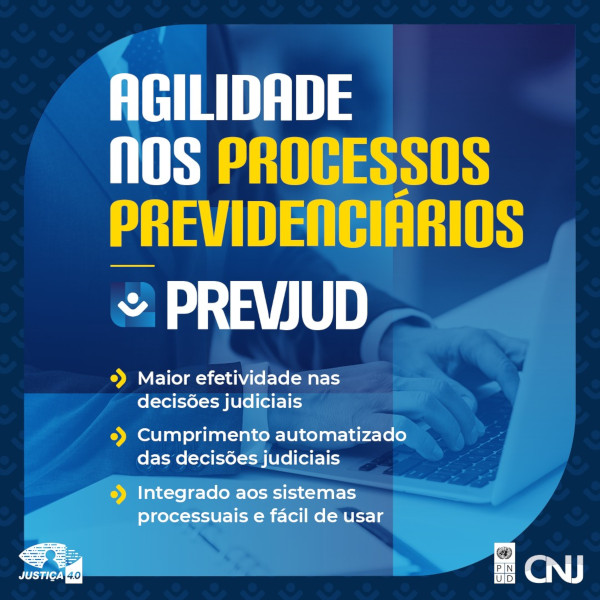 Foto, em tons de azul, de pessoa trabalhando com computador. Texto: Agilidade nos processos previdenciários. Prevjud. Maior efetividade nas decisões judiciais; Cumprimento automatizado das decisões judiciais; Integrado aos sistemas processuais e fácil de usar.