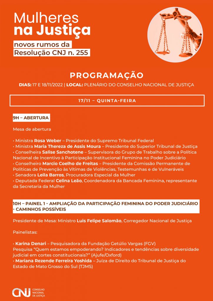 programação do evento, Mulheres na Justiça: Novos Rumos da Resolução CNJ n. 255 em formato jpeg