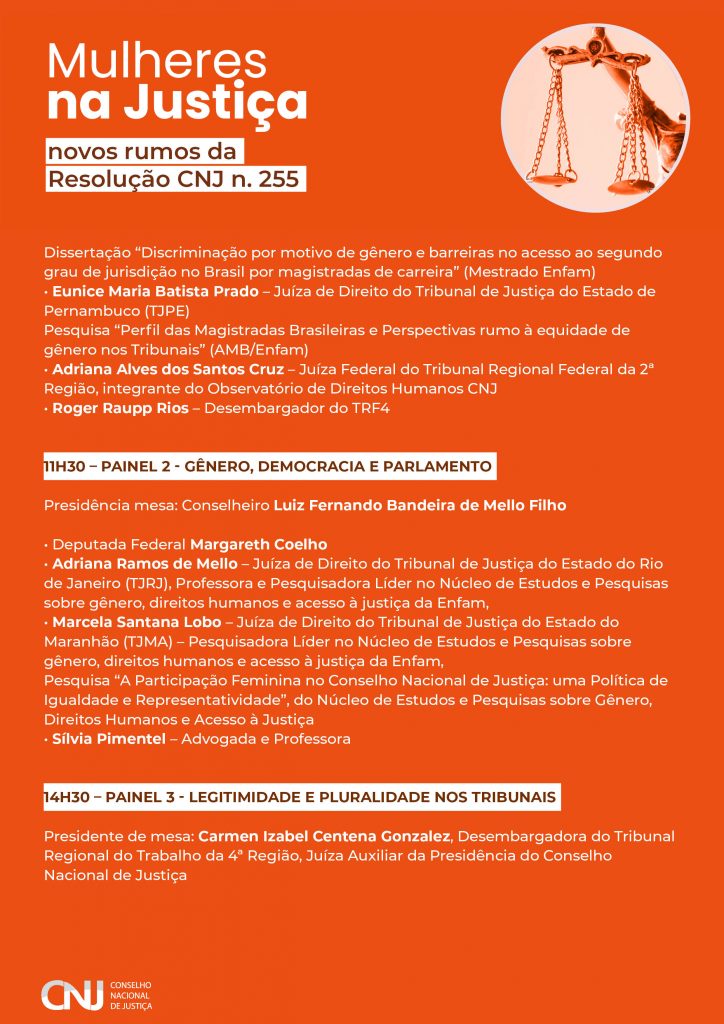 programação do evento, Mulheres na Justiça: Novos Rumos da Resolução CNJ n. 255 em formato jpeg