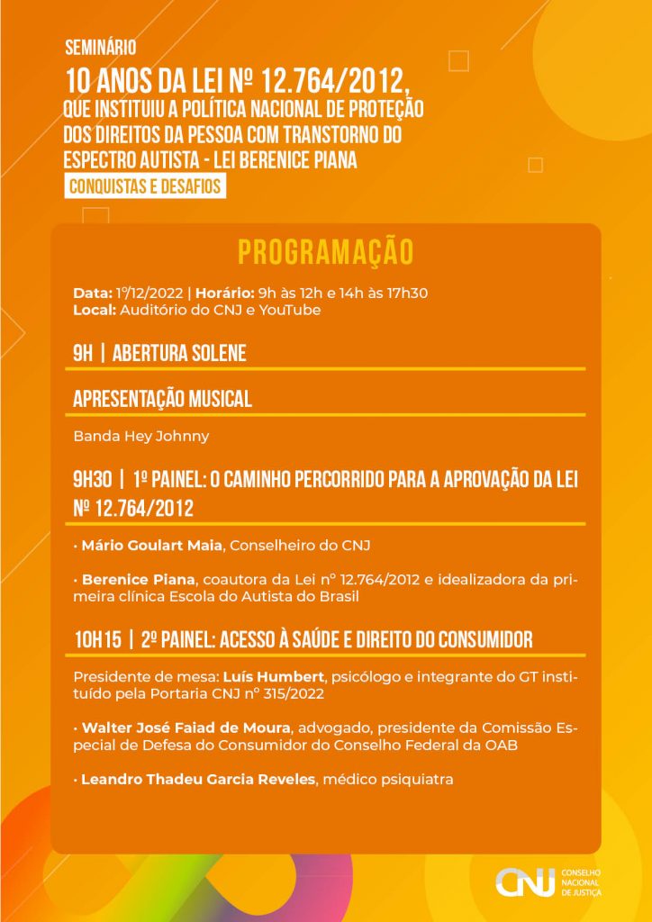 programação do Seminário 10 anos da Lei nº 12.764/2012 (Lei Berenice Piana) – conquistas e desafios em formato jpeg