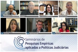 Mosaico com telas de debatedores presentes no seminário de pesquisas empíricas