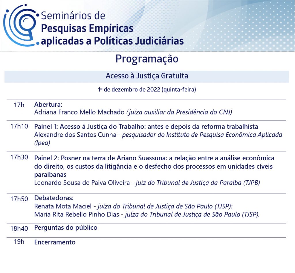 programação do Seminários de Pesquisas Empíricas Aplicadas a Políticas Judiciárias - Painel sobre Acesso à Justiça Gratuita em formato jpeg