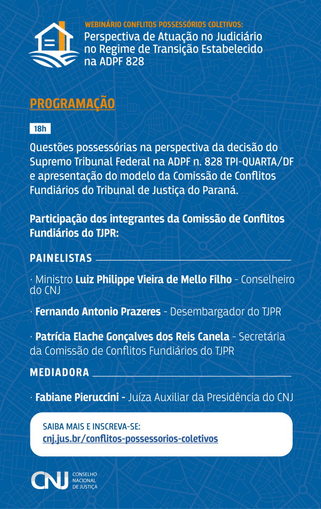 programação do webinário conflitos possessorios coletivos no formato jpeg. Fundo azul com textos brancos e logo do evento, no topo.