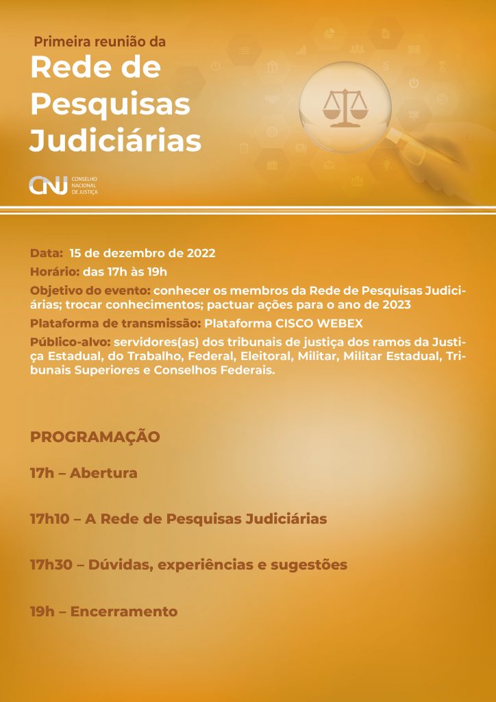 programação do evento: WEBINAR – PRIMEIRA REUNIÃO DA REDE DE PESQUISAS JUDICIÁRIAS em formato jpeg.