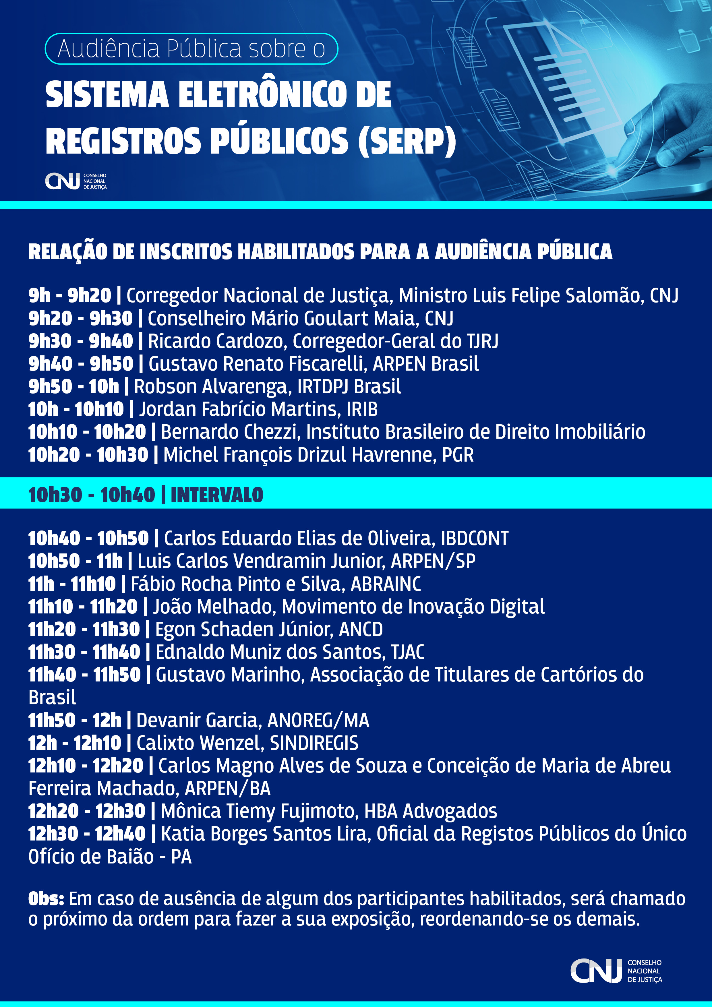 programação da Audiência Pública sobre o Sistema Eletrônico de Registros Públicos (SERP) em formato jpeg