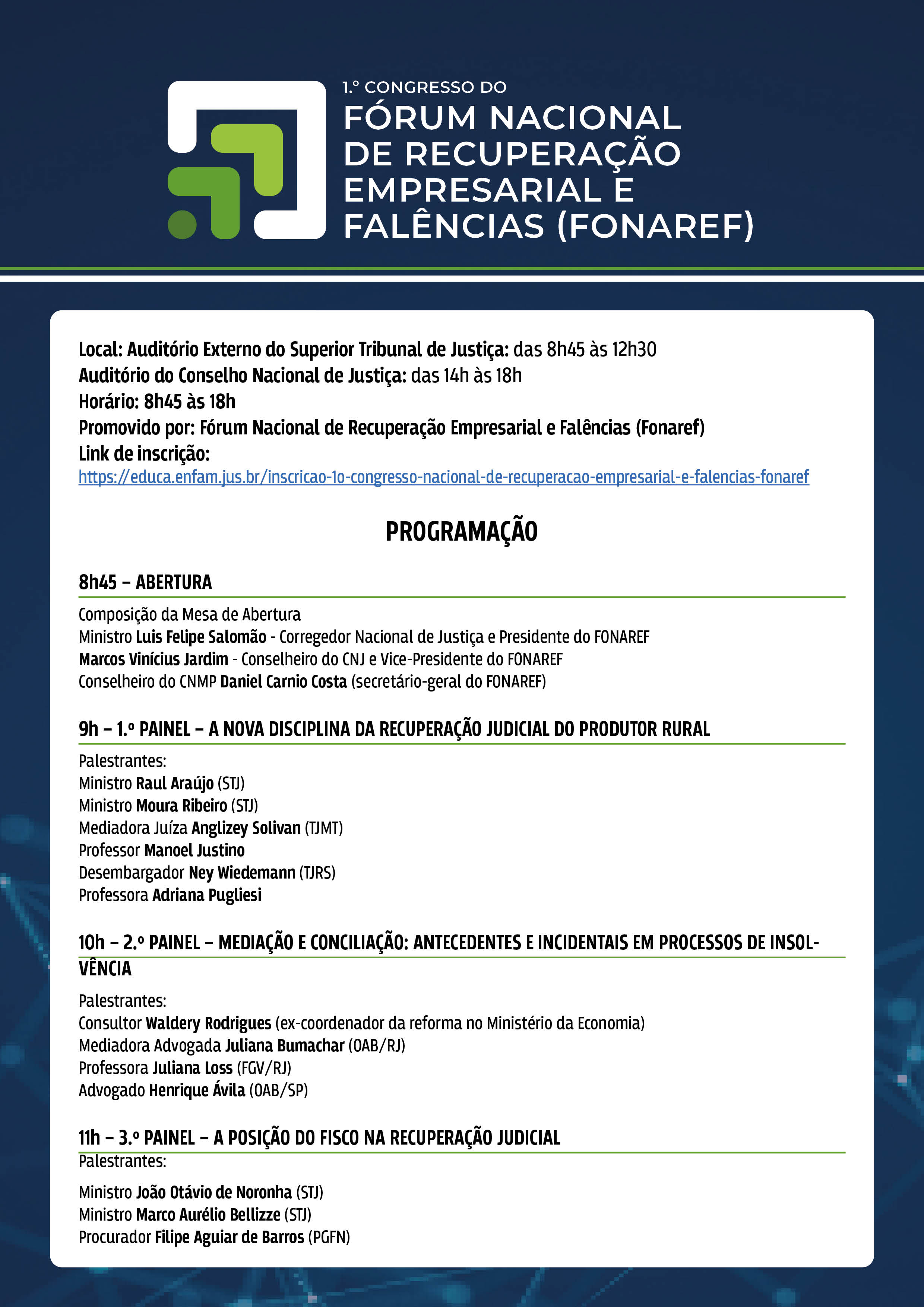 programação do 1º Congresso do Fórum Nacional de Recuperação Empresarial e Falências (Fonaref) em formato jpeg.