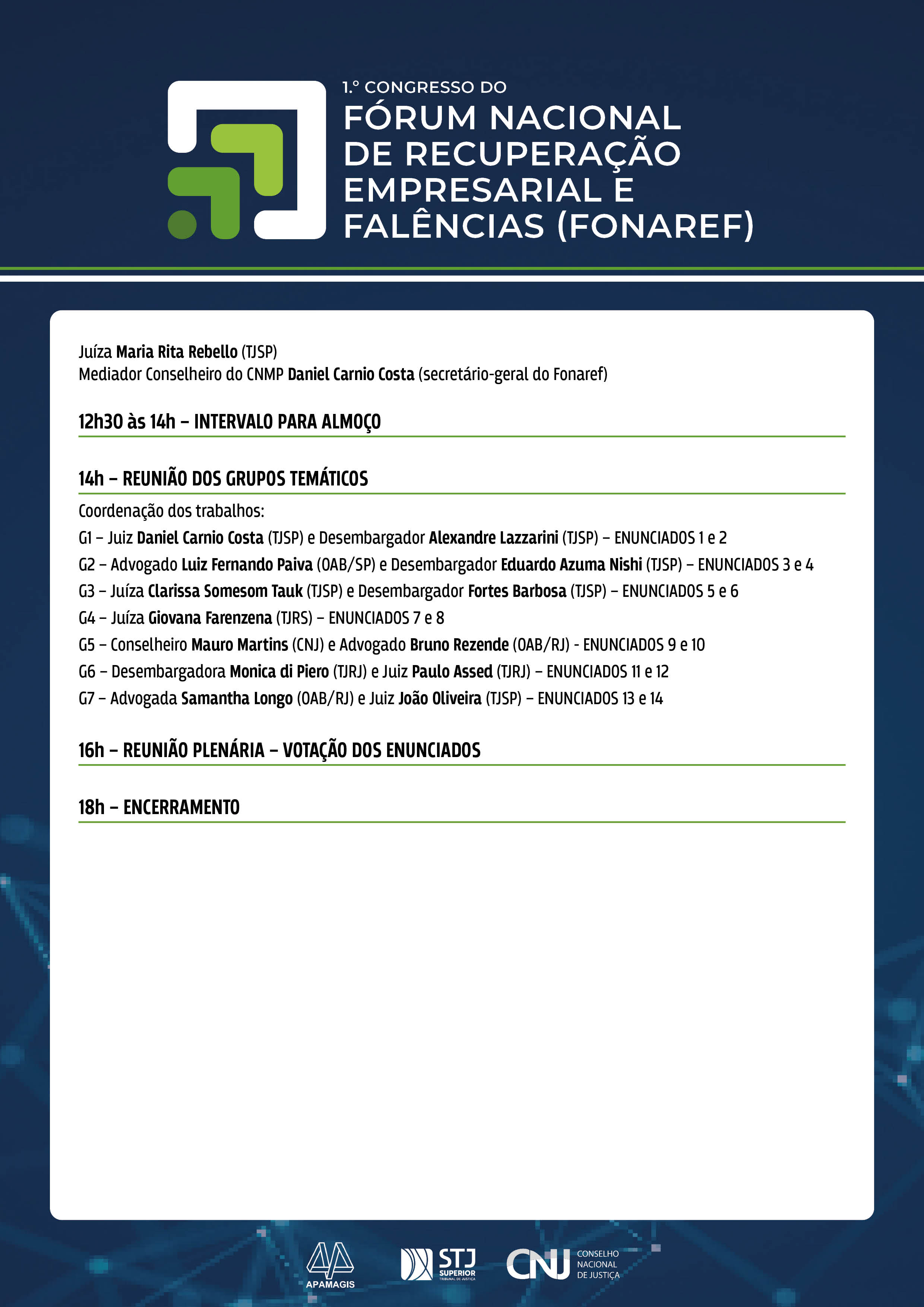 programação do 1º Congresso do Fórum Nacional de Recuperação Empresarial e Falências (Fonaref) em formato jpeg.