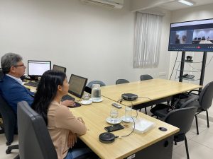 Mutirão de audiências para regularização da guarda de crianças e adolescentes imigrantes - Imagem mostra duas pessoas sentadas em uma mesa olhando para uma tela com a imagem de outras duas pessoas.