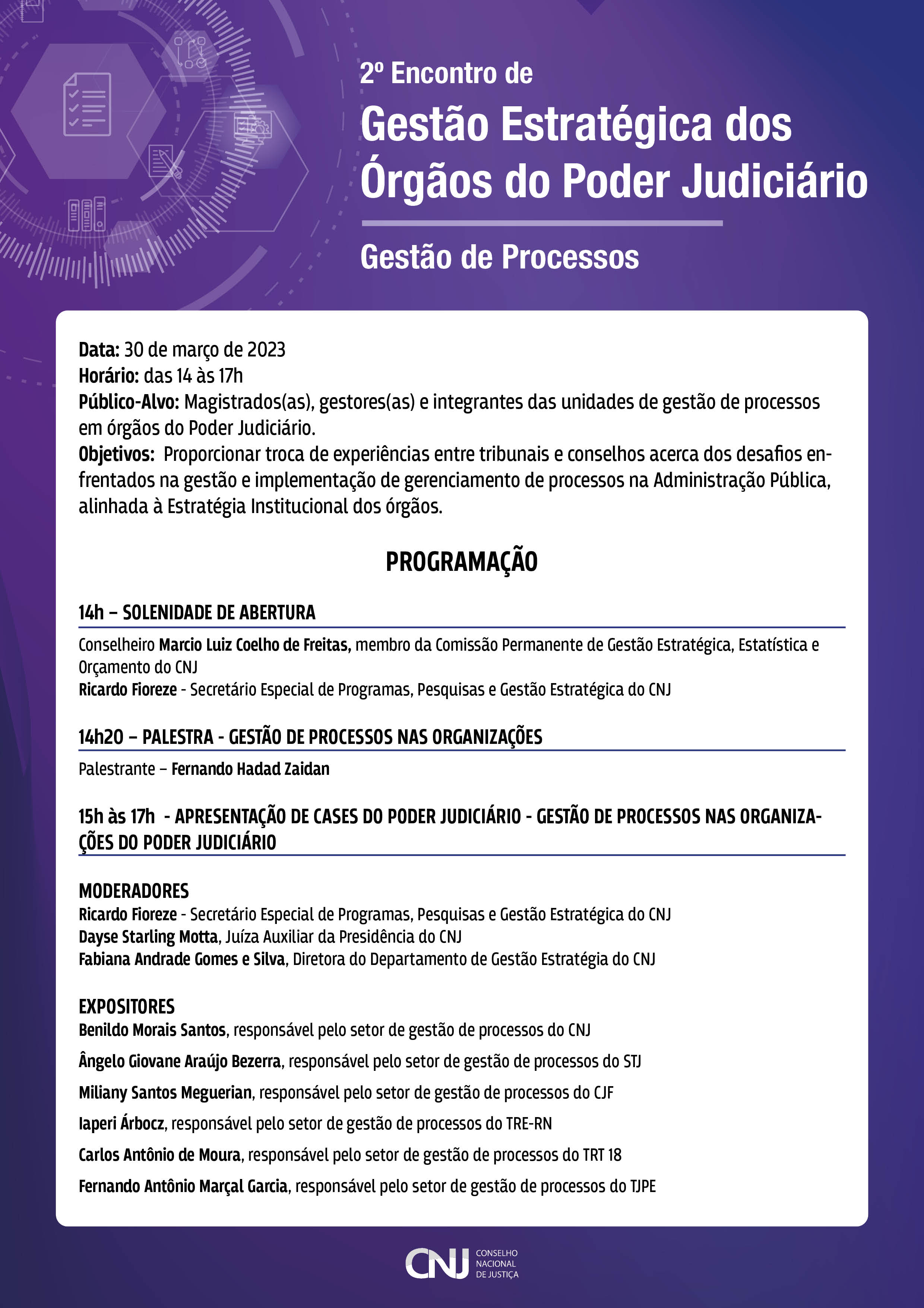 programação do evento 2 encontro de Gestão Estratégica dos Órgãos do Poder Judiciário