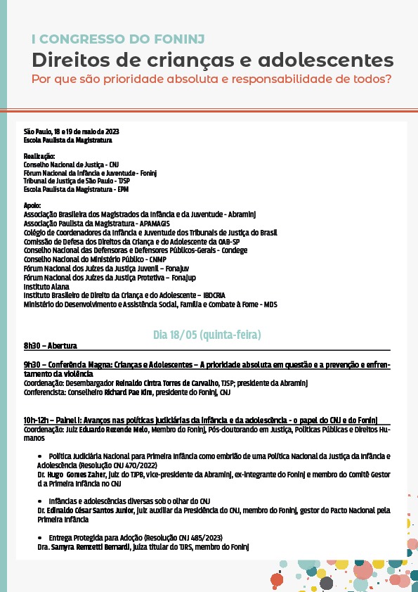 programação do evento: I Congresso do Fórum Nacional da Infância e Juventude do Conselho Nacional de Justiça (Foninj) em formato jpeg