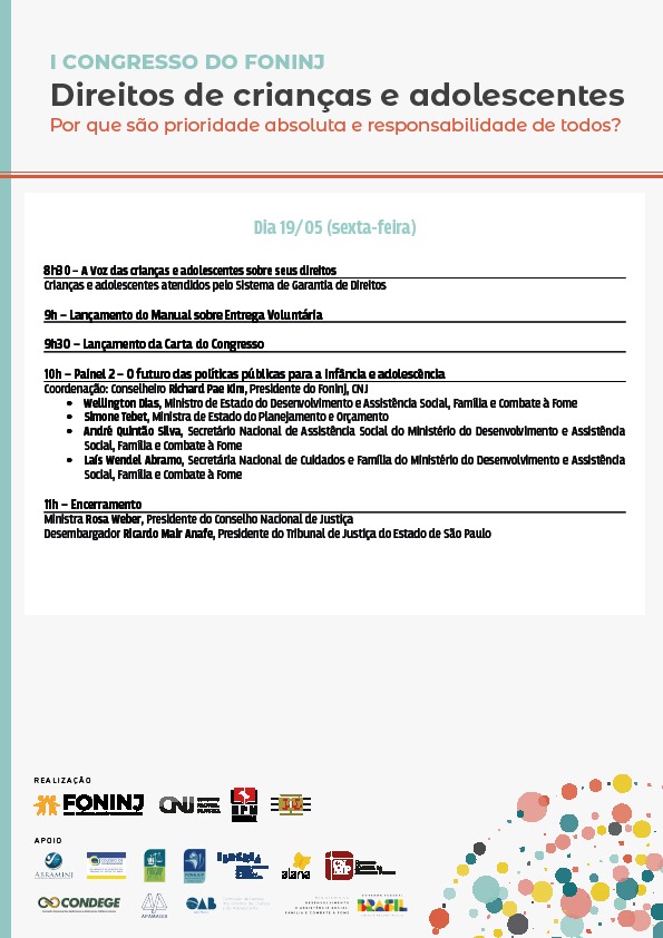 programação do evento: I Congresso do Fórum Nacional da Infância e Juventude do Conselho Nacional de Justiça (Foninj) em formato jpeg