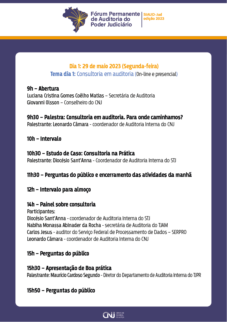 programação do evento: Fórum Permanente de Auditoria do Poder Judiciário - Edição 2023 em formato jpeg. Arquivo com as informações de horários, temas e participantes do evento.