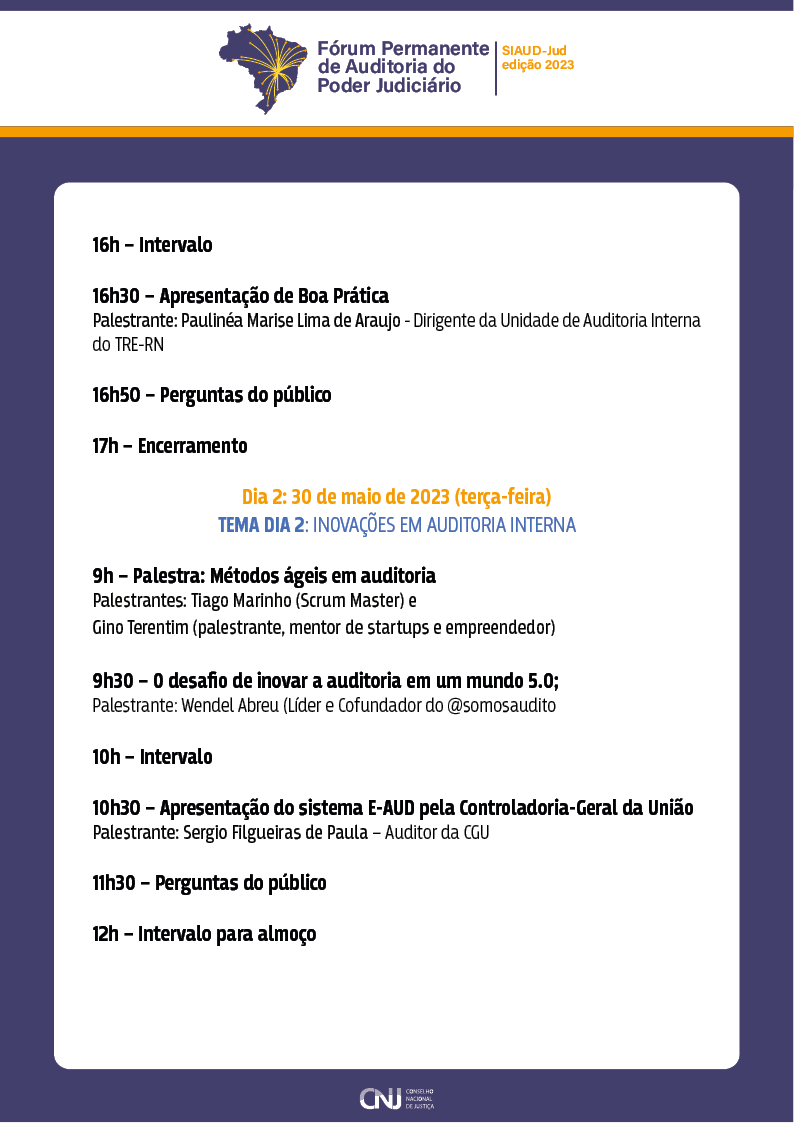 programação do evento: Fórum Permanente de Auditoria do Poder Judiciário - Edição 2023 em formato jpeg. Arquivo com as informações de horários, temas e participantes do evento.