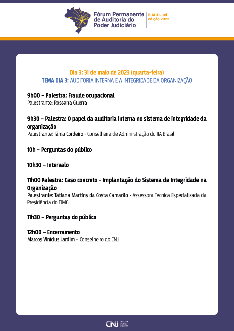 programação do evento: Fórum Permanente de Auditoria do Poder Judiciário - Edição 2023 em formato jpeg. Arquivo com as informações de horários, temas e participantes do evento.