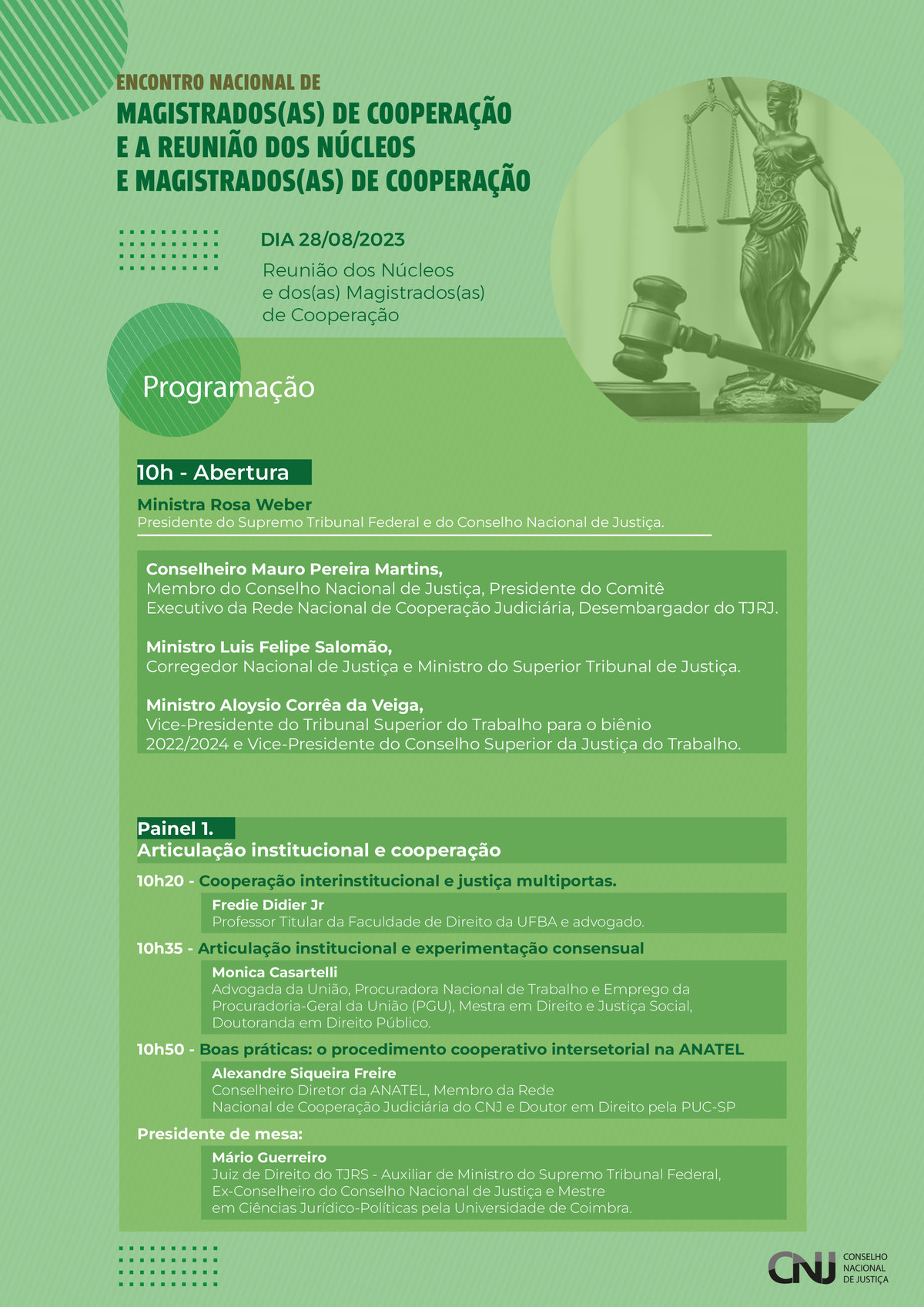 programação do evento: 5º Webinário de Atenção Integral à Saúde de Magistrados e Servidores do Poder Judiciário em formato jpeg. Identidade visual da programação com as informações de horário, temas e seus participantes.