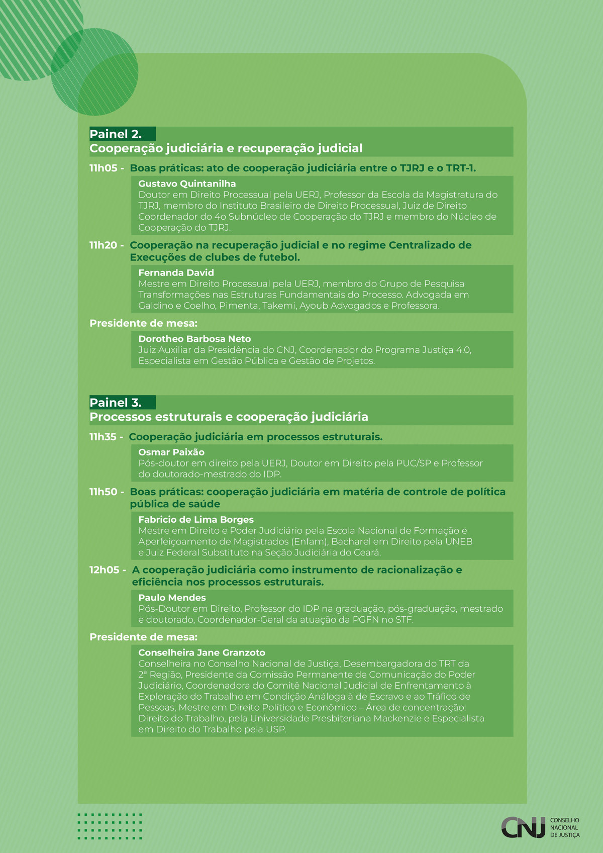 programação do evento: 5º Webinário de Atenção Integral à Saúde de Magistrados e Servidores do Poder Judiciário em formato jpeg. Identidade visual da programação com as informações de horário, temas e seus participantes.