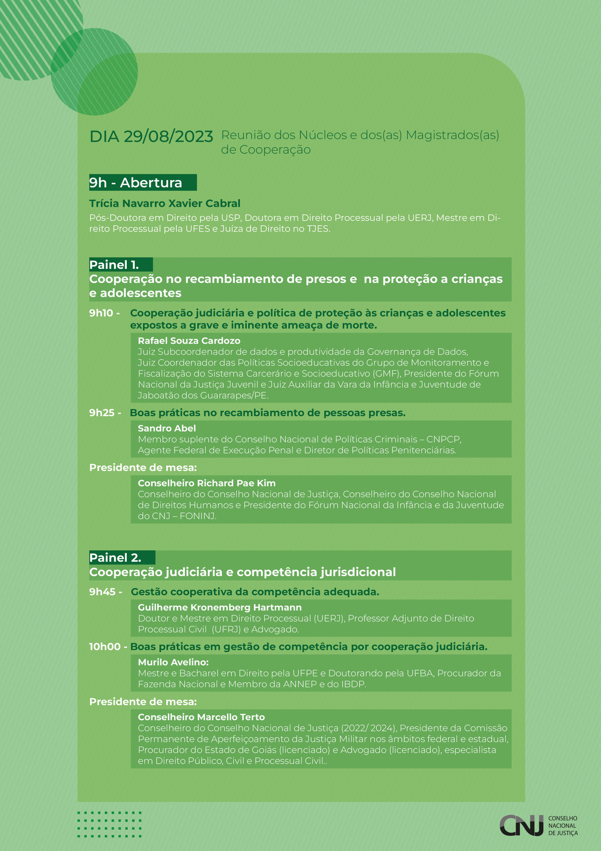 programação do evento: 5º Webinário de Atenção Integral à Saúde de Magistrados e Servidores do Poder Judiciário em formato jpeg. Identidade visual da programação com as informações de horário, temas e seus participantes.