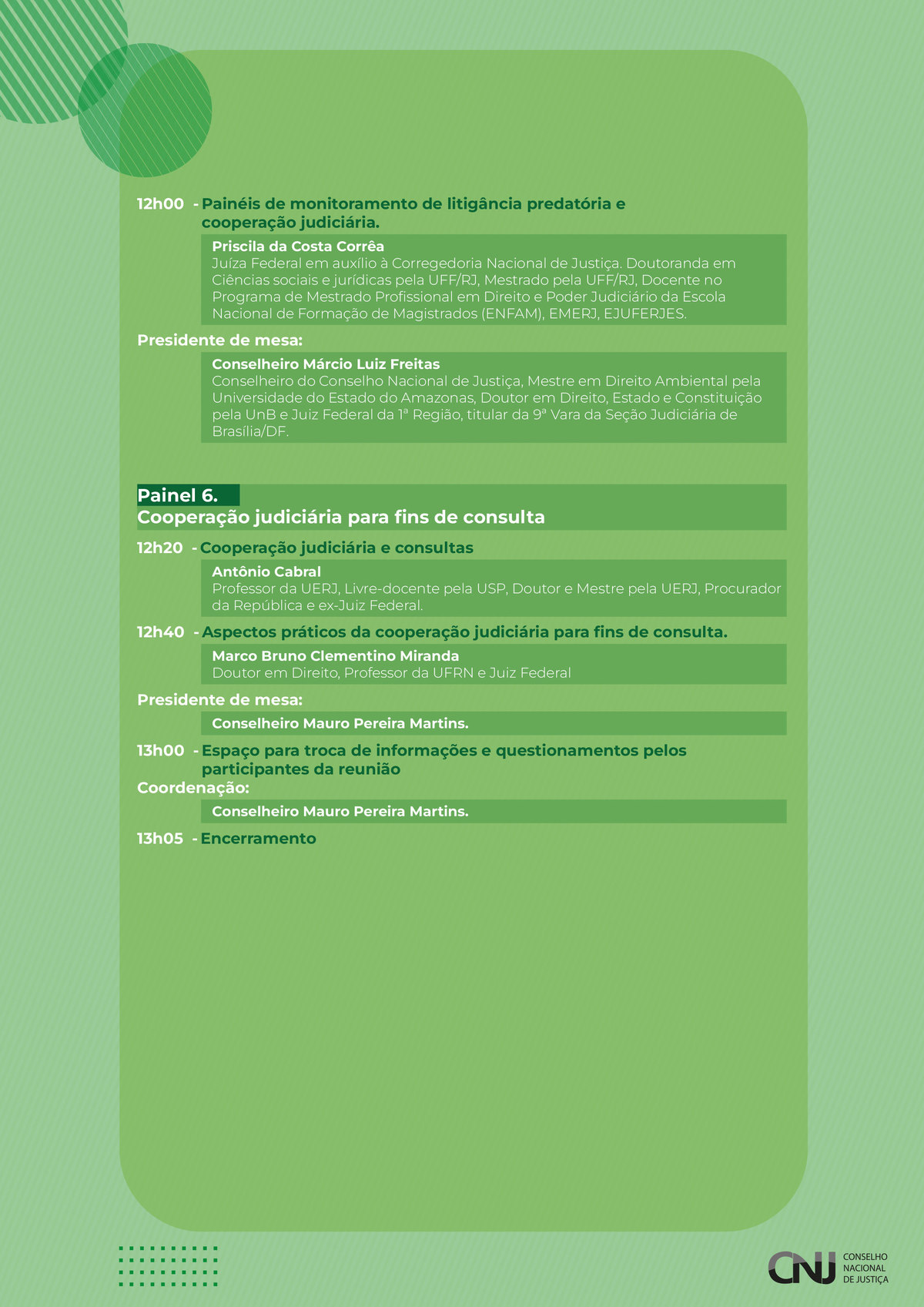 programação do evento: 5º Webinário de Atenção Integral à Saúde de Magistrados e Servidores do Poder Judiciário em formato jpeg. Identidade visual da programação com as informações de horário, temas e seus participantes.