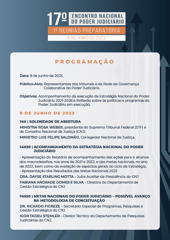 programação do evento: 1ª Reunião Preparatória para o 17.º Encontro Nacional do Poder Judiciário em formato jpeg. Identidade visual da programação com as informações de horário, temas e seus participantes.