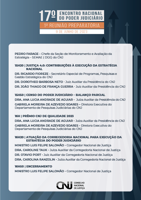 programação do evento: 1ª Reunião Preparatória para o 17.º Encontro Nacional do Poder Judiciário em formato jpeg. Identidade visual da programação com as informações de horário, temas e seus participantes.