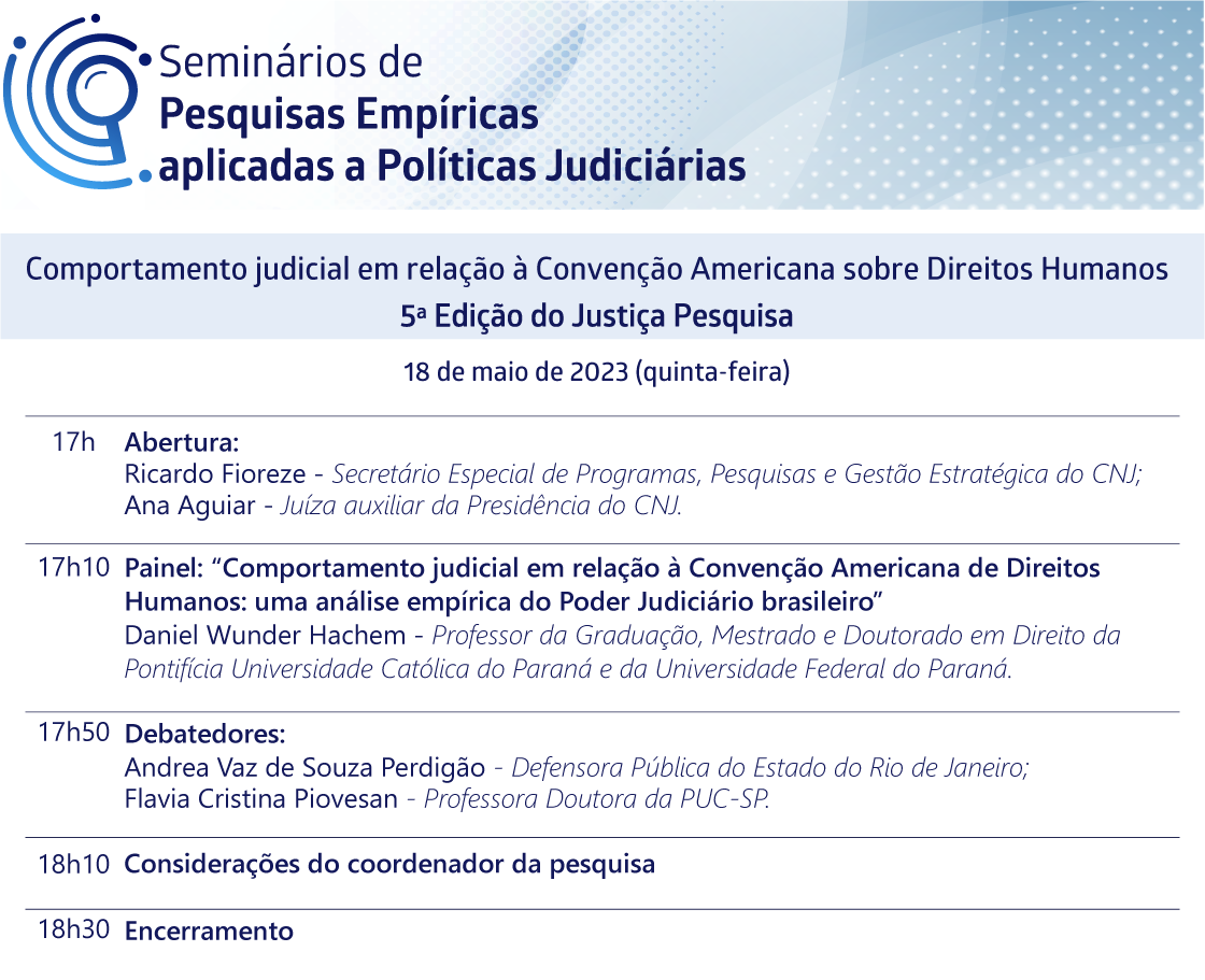  prgoramação do evento: Seminários de Pesquisas Empíricas Aplicadas a Políticas Judiciárias - Comportamento judicial em relação à Convenção Americana de Direitos Humanos: uma análise empírica do Poder Judiciário brasileiro em formato jpeg