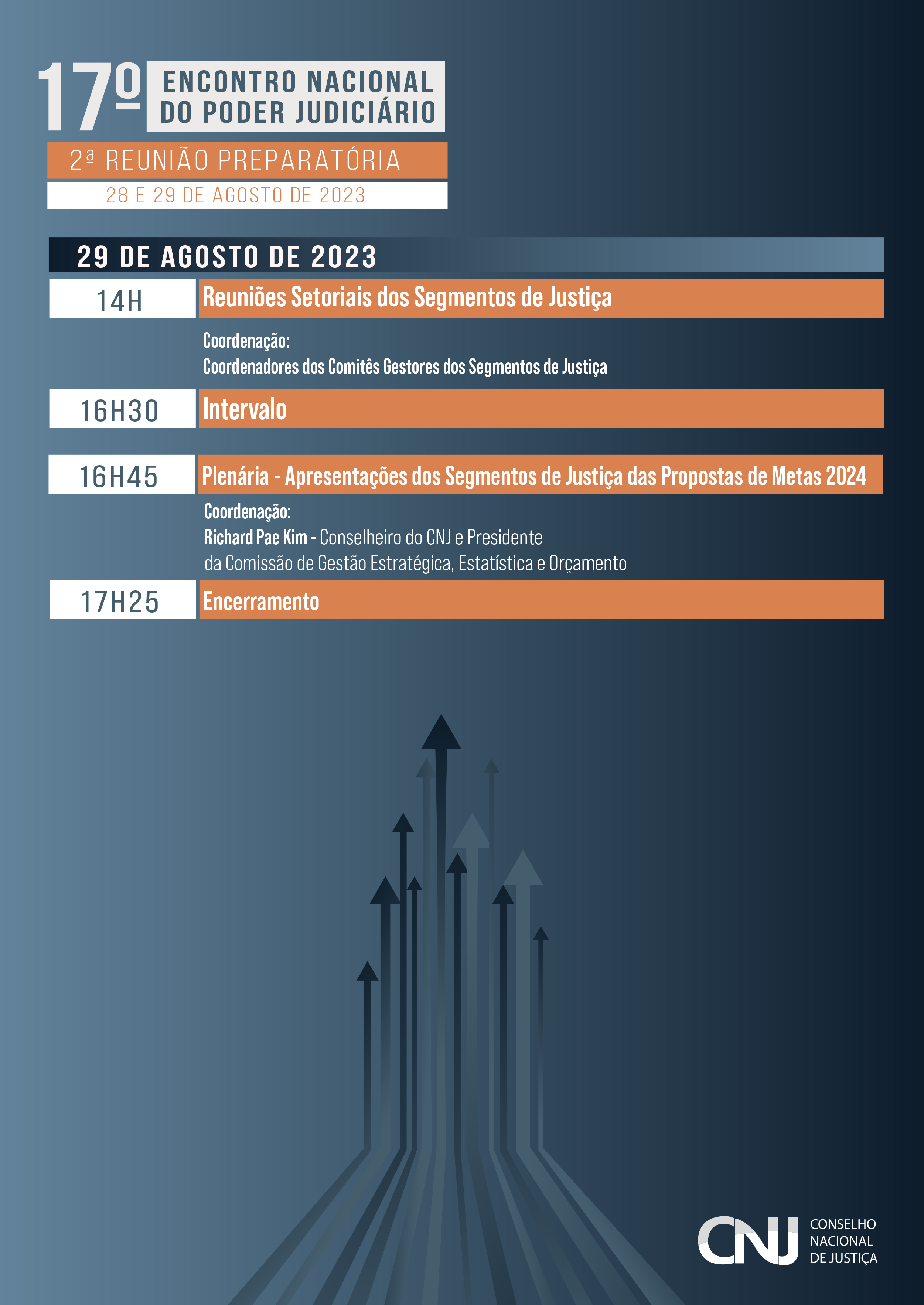 programação do evento: 2.ª Reunião Preparatória para o 17.º Encontro Nacional do Poder Judiciário em formato jpeg. Identidade visual da programação com as informações de horário, temas e seus participantes.