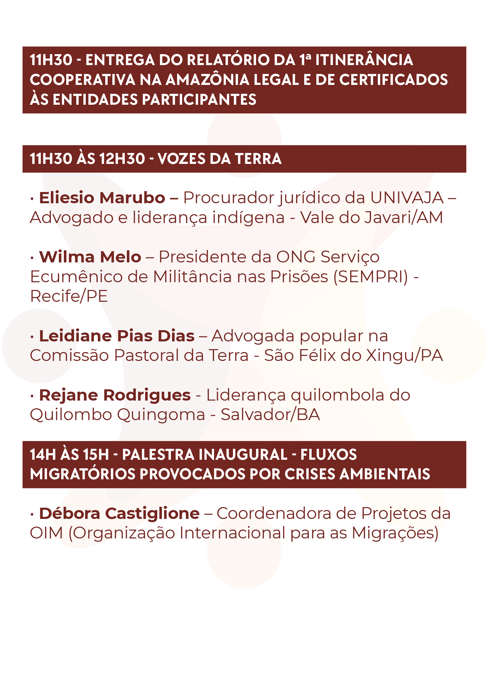 programação do evento: Seminário Direitos Humanos: Racismo ambiental, migrações e ações coletivas em formato jpeg. Identidade visual da programação com as informações de horário, temas e seus participantes.