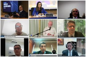 Mosaico divido em nove partes com imagens em plano médio dos participantes da reunião virtual sobre a instalação dos Pontos de Inclusão.