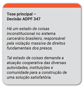 Tese principal - Decisão ADPF 347. Há um estado de coisas inconstitucional no sistema carcerário brasileiro, responsável pela violação massiva de direitos fundamentais dos presos. Tal estado de coisas demanda a atuação cooperativa das diversas autoridades, instituições e comunidade para a construção de uma solução satisfatória. 