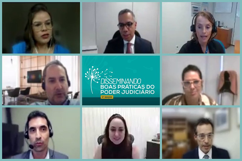 Mosaico dividido em nove partes com as imagens dos perfis dos participantes do webinário. Ao centro o texto: Disseminando Boas Práticas no Poder Judiciário 11° Edição.