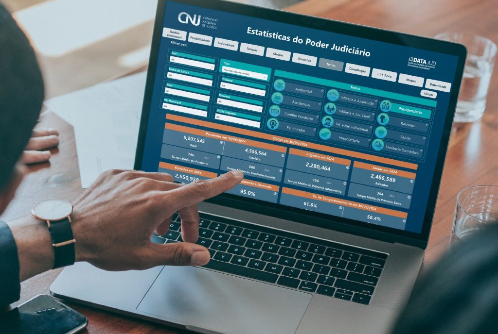 Imagem da mão de um homem apontando para a tela de um computador. A tela transmite gráficos, dados e informações das Estatísticas do Poder Judiciário através da plataforma DATAJUD. O homem aponta para números que se destacam na tela em tons de verde, branco e laranja, e sobre um fundo azul escuro.